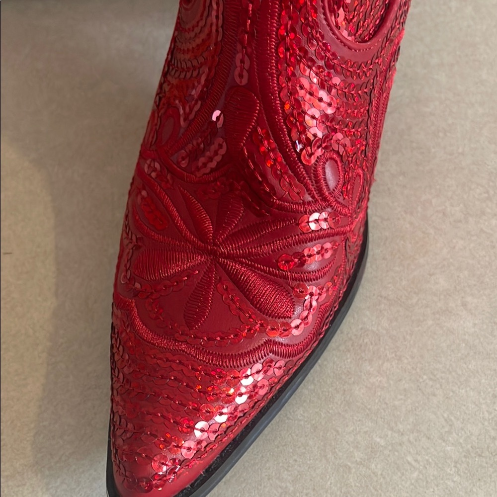 Red Sequined Western Heeled Boots - Picture 4 of 4